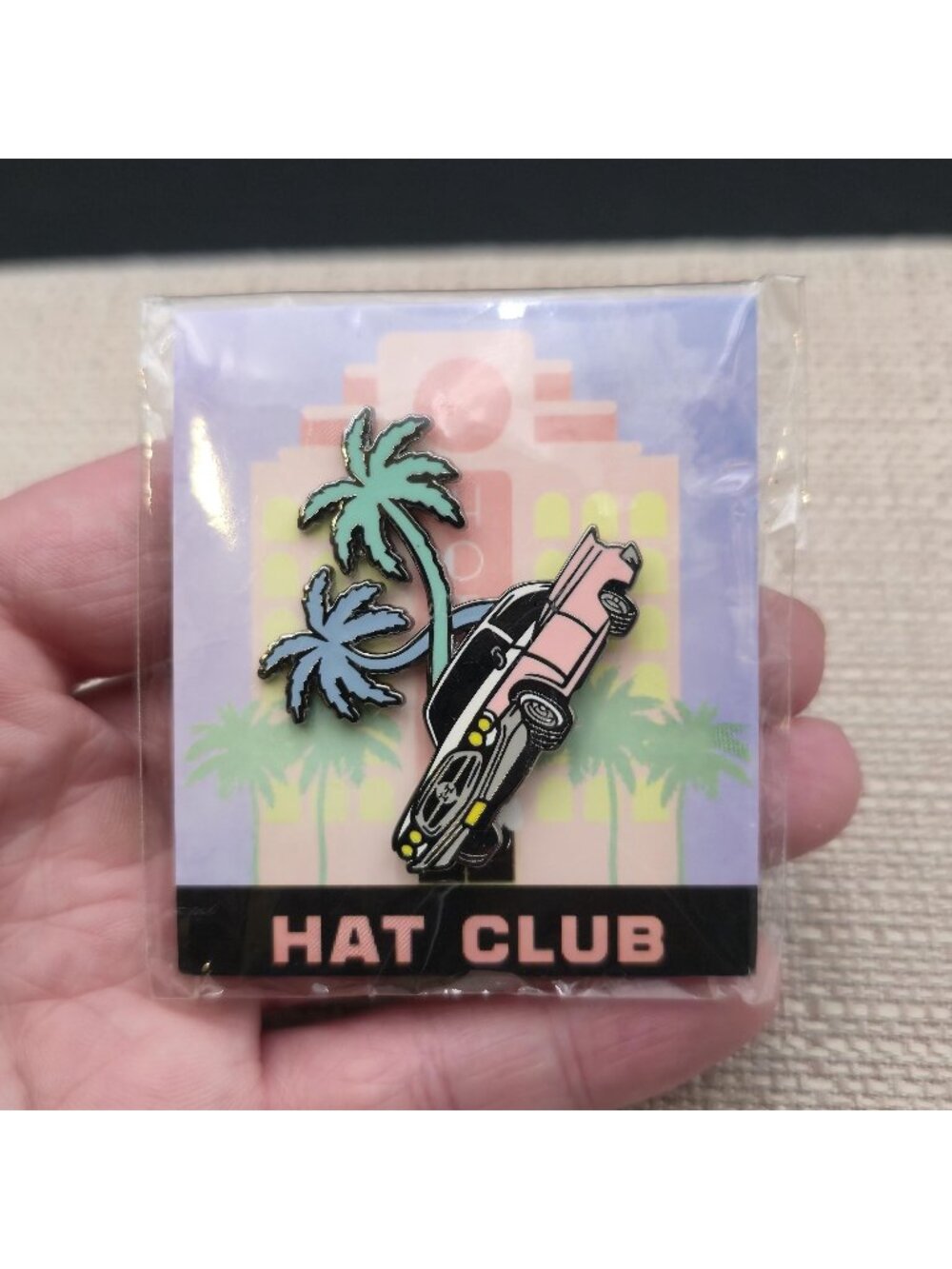 Hat Club Ocean Drive Pink Cadillac Palm Tree Exclusive Enamel Pin B1598